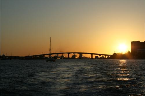 sunset behind the bridge which links New Providence and Paradise Island